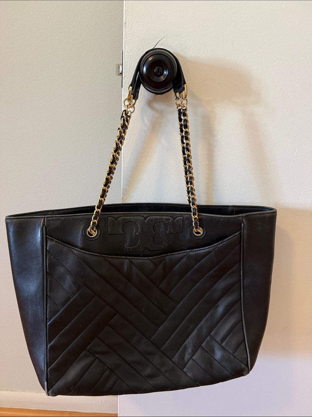 Tory Burch Black Quilted Tote with Gold Chain Handles